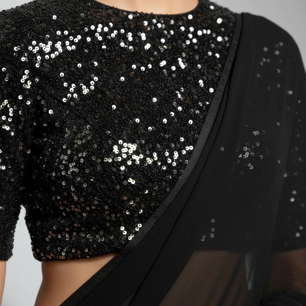 Black Georgette Saree with Black Sparkle Velvet Blouse