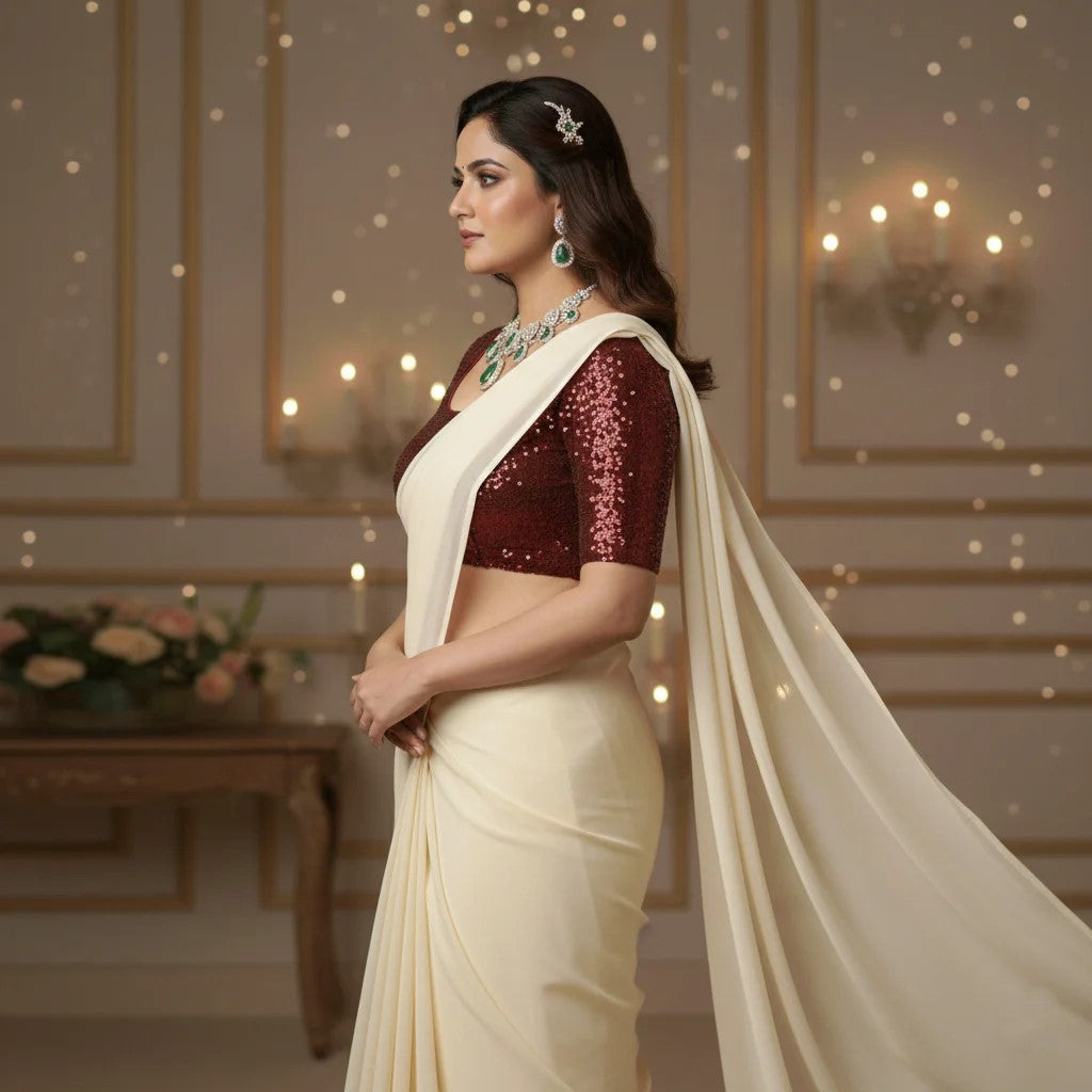 Cream Georgette Saree with Maroon Sparkle Velvet Blouse