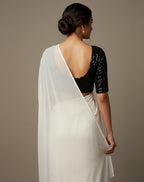 White Georgette Saree With Black Color sequence blouse