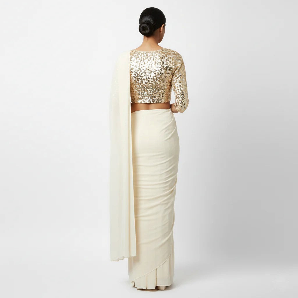 Cream Plain Saree with Heavy Blouse