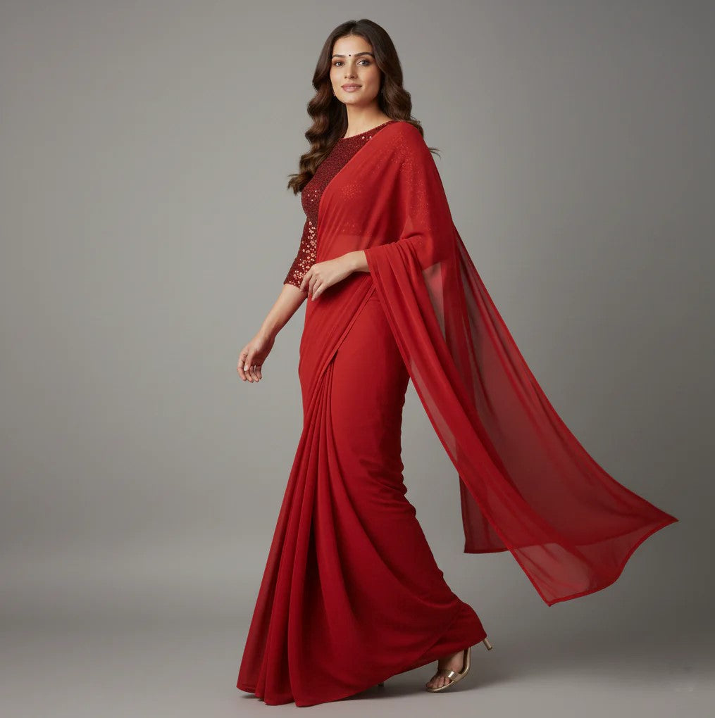 Ton-On-Ton Festive Red Saree with Sparkle Blouse