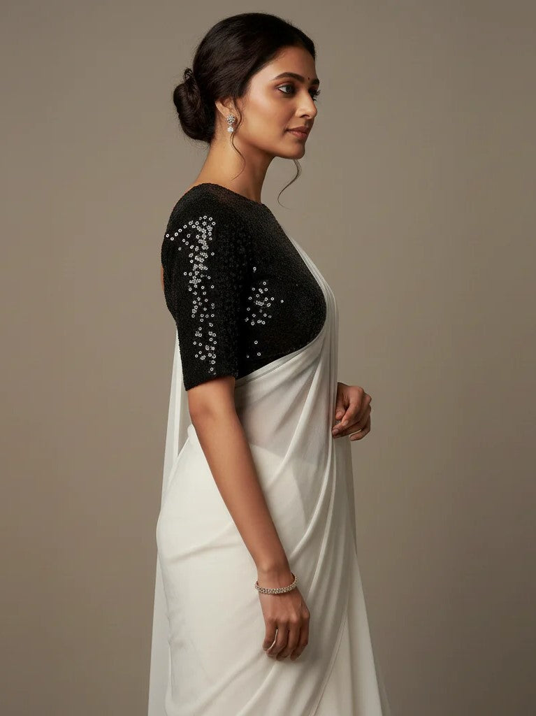 White Georgette Saree With Black Color sequence blouse