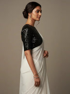 White Georgette Saree With Black Color sequence blouse