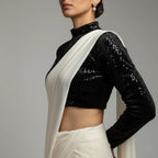 Elegant Cream Georgette Saree with High Neck Black Blouse
