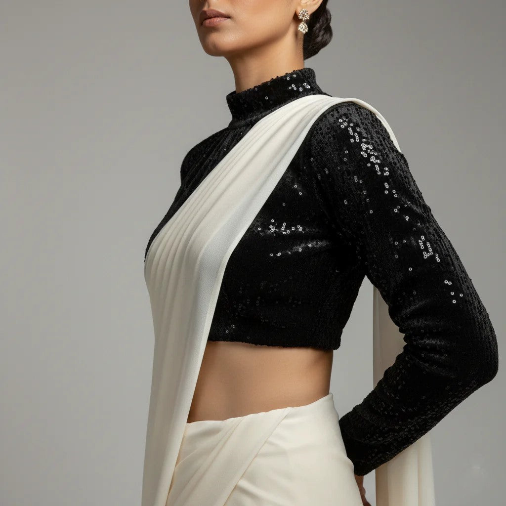 Elegant Cream Georgette Saree with High Neck Black Blouse