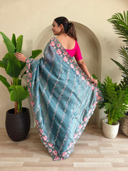 Awesome Embroidery Work Teal Blue Color Saree