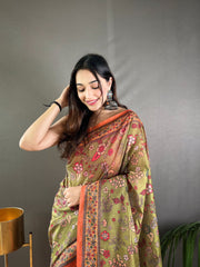 Preferable Cotton Kalamkari Prints Mehndi Color Saree