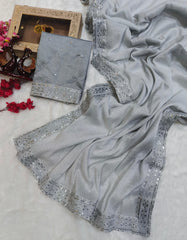 Fabulous Zari Silk Silver Color Saree