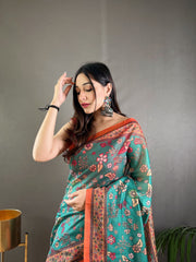 Preferable Cotton Kalamkari Prints Sky Blue Color Saree