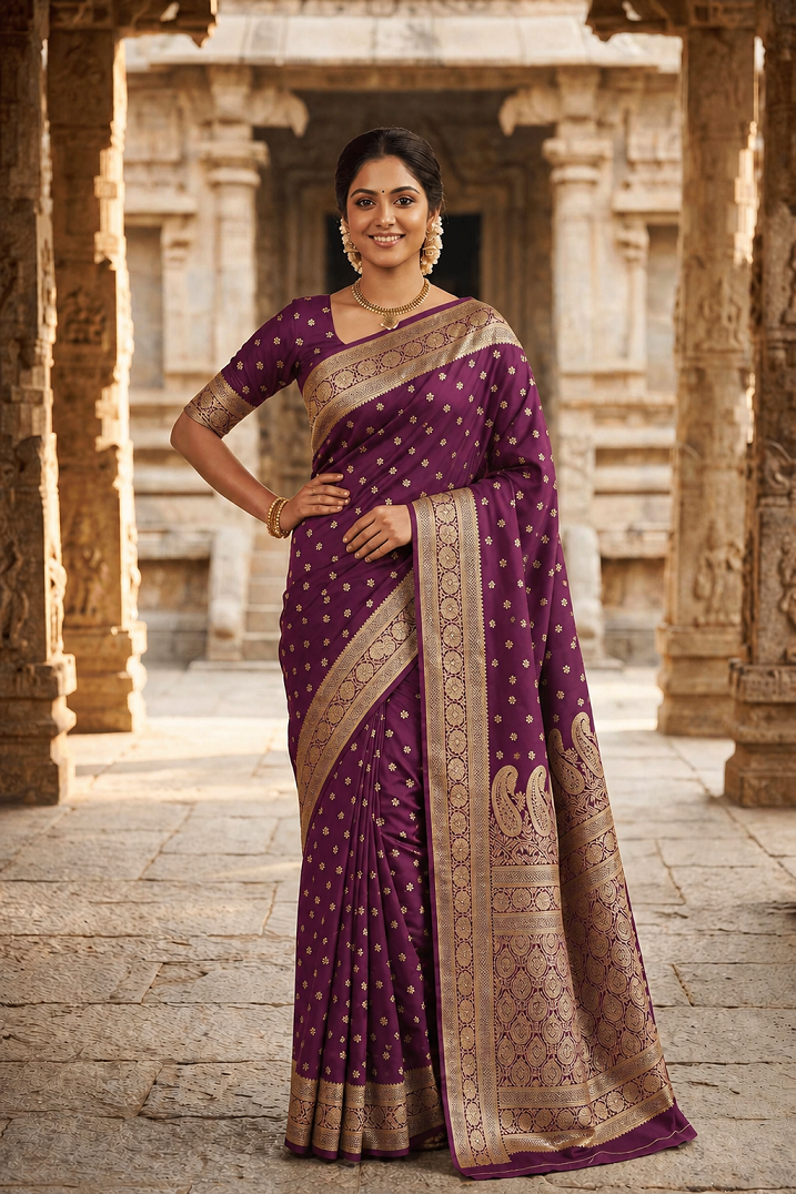 Banarasi Soft Silk Wine Color Golden Zari Buti Saree Main image