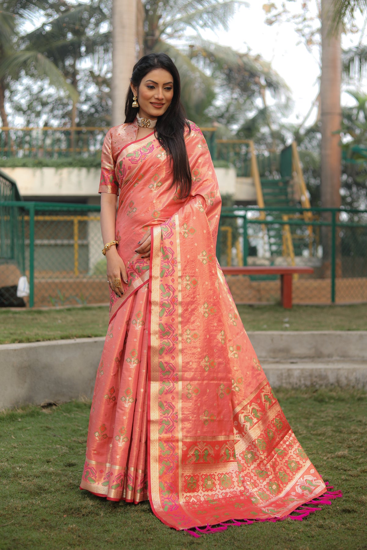 Outstanding Organza Peach Color Patola Silk Sarees