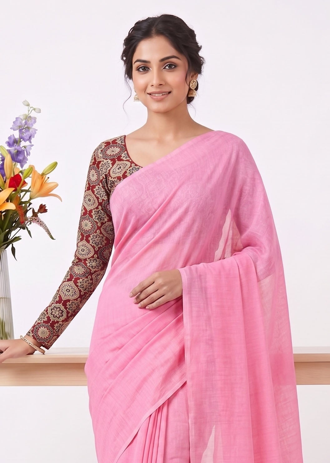 Elegant Khadi Cotton Saree with Stretchable Ajrak Print Blouse