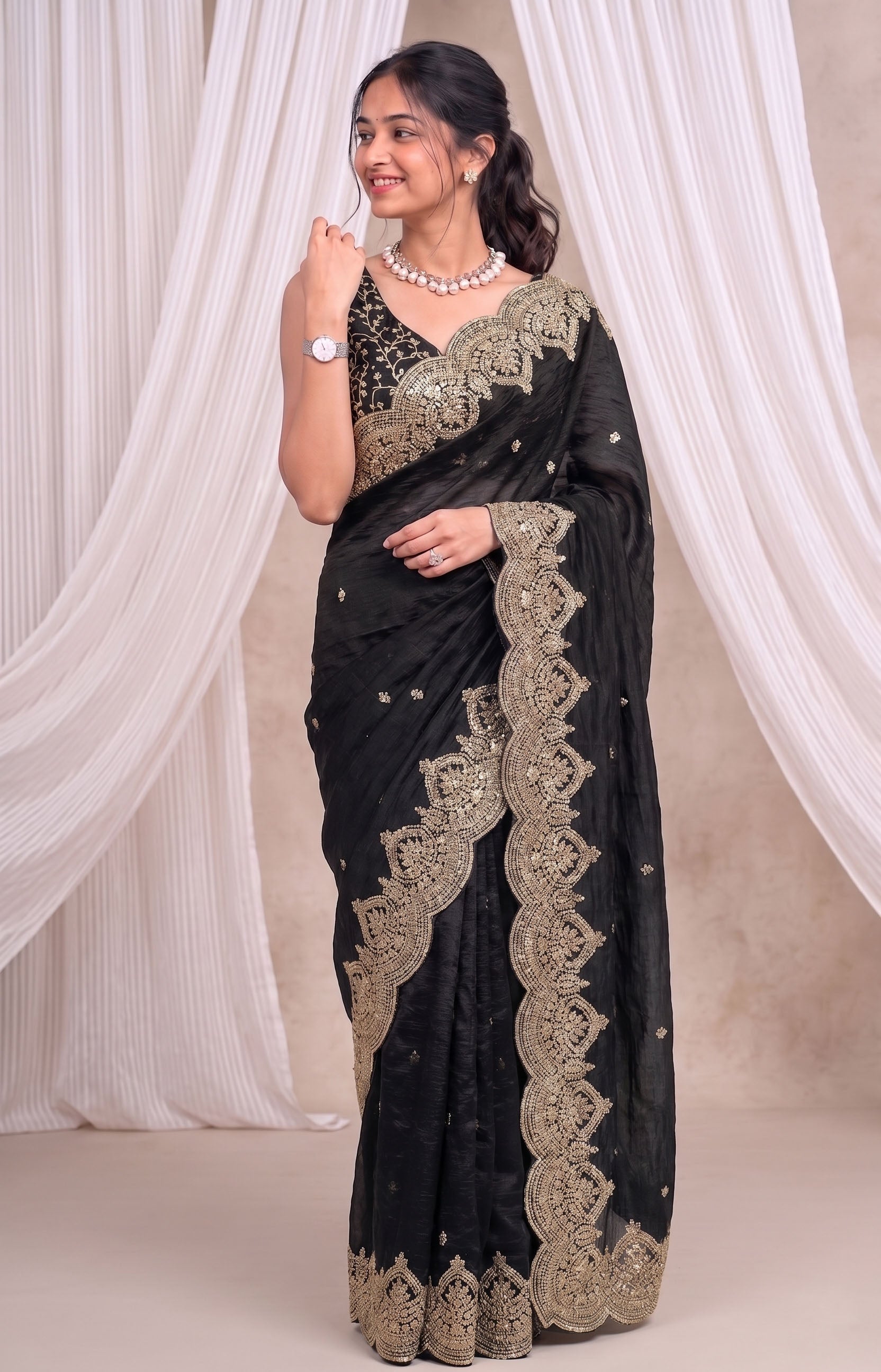 Premium Fandy Chiffon Saree with Sequins Zari Work