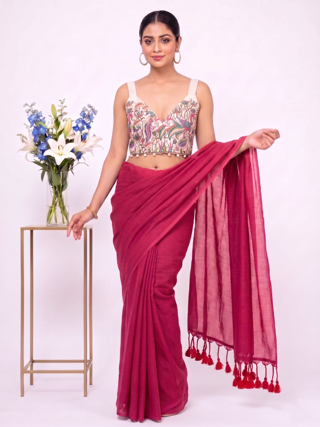 Khadi Cotton Saree with Designer Embroidered Sleeveless Blouse