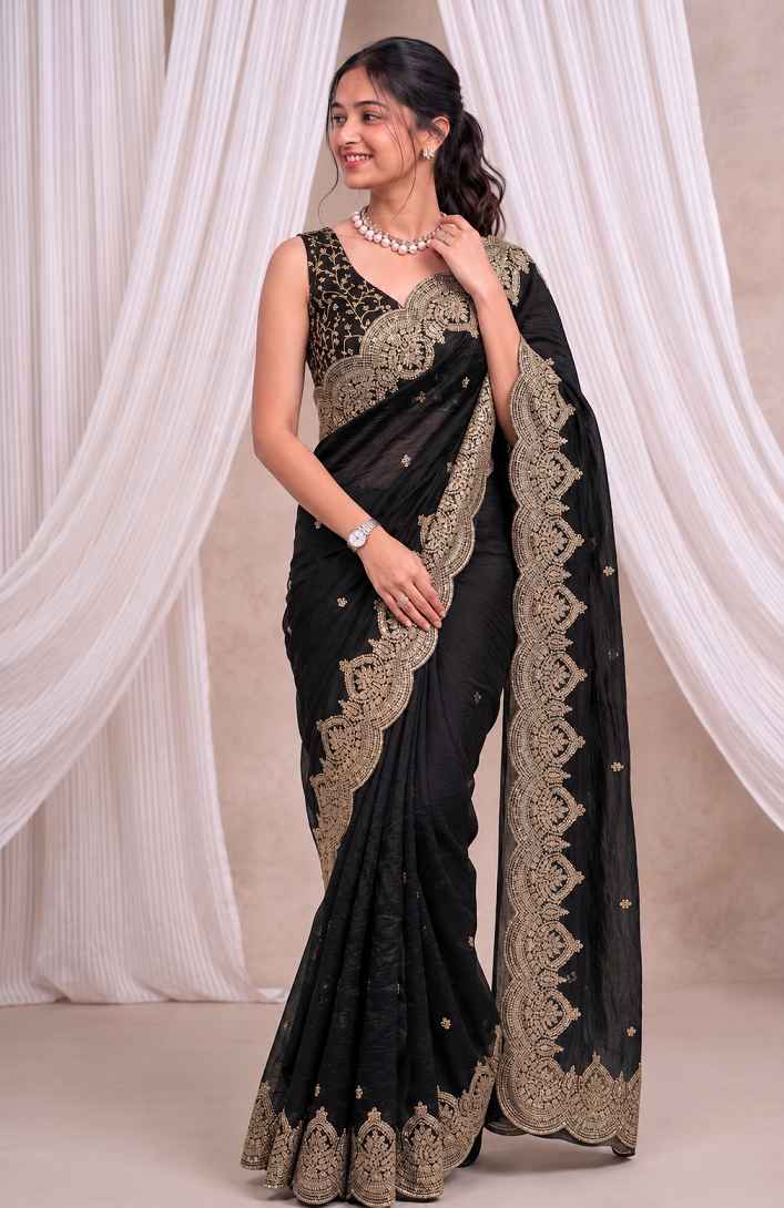 Premium Fandy Chiffon Saree with Sequins Zari Work