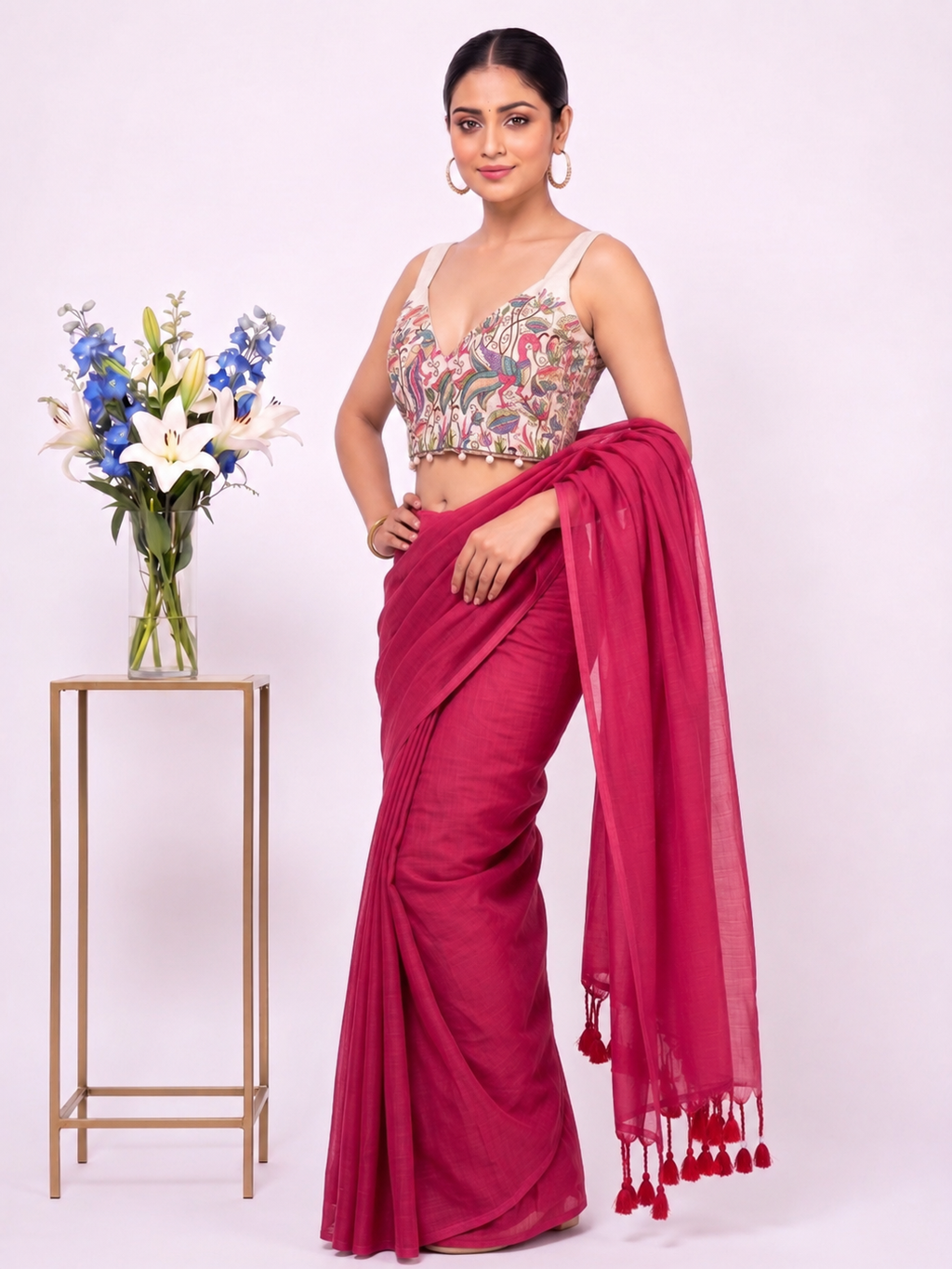 Khadi Cotton Saree with Designer Embroidered Sleeveless Blouse