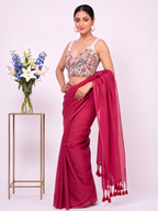 Khadi Cotton Saree with Designer Embroidered Sleeveless Blouse