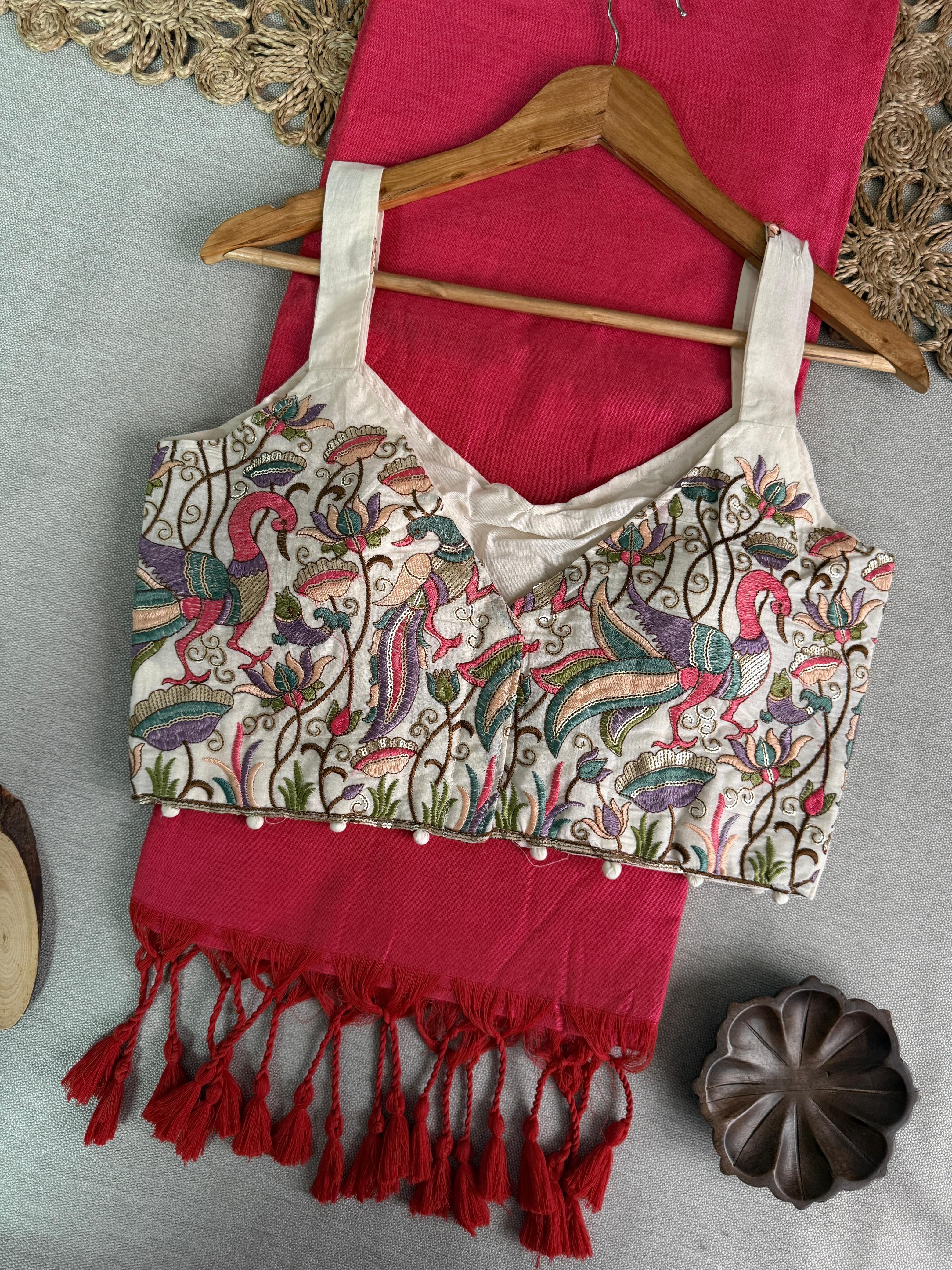 Khadi Cotton Saree with Designer Embroidered Sleeveless Blouse