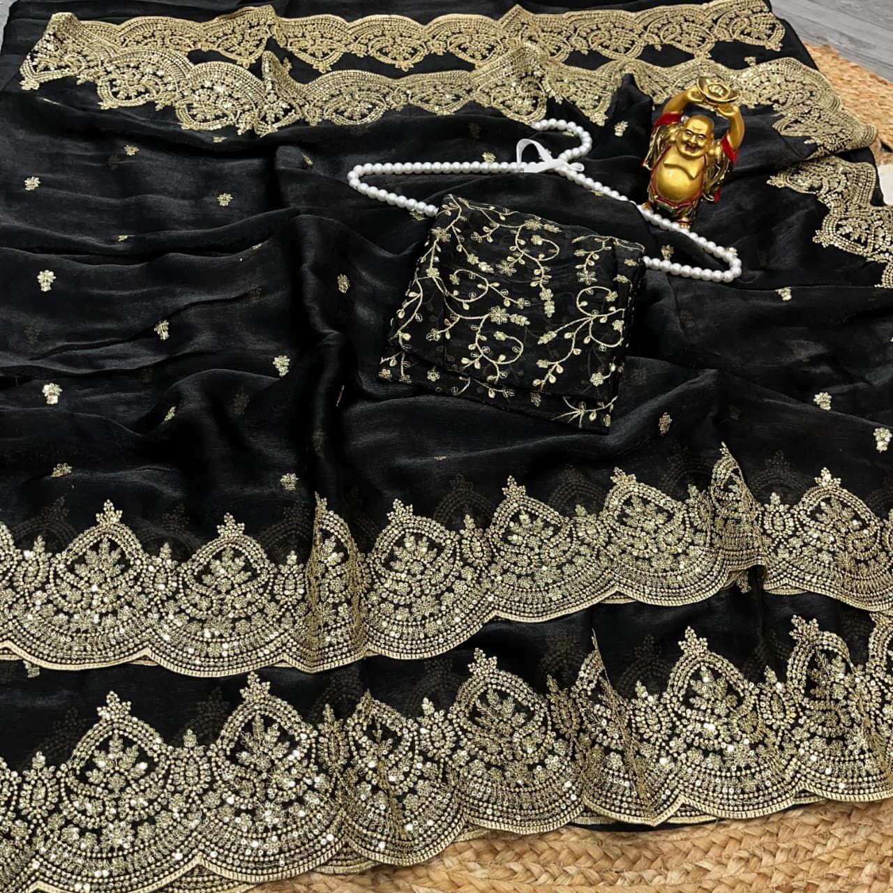 Premium Fandy Chiffon Saree with Sequins Zari Work