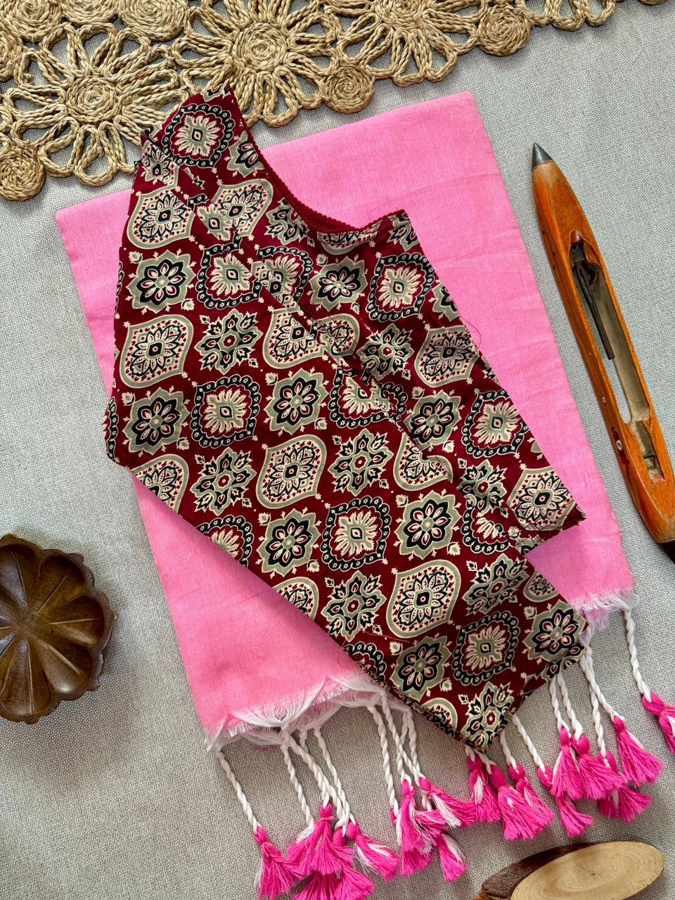 Elegant Khadi Cotton Saree with Stretchable Ajrak Print Blouse