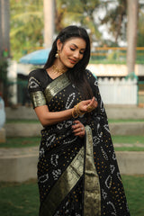 Blissful Kanjivaram Bandhej Black Color Silk Saree