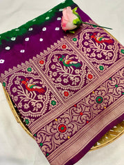 Delightful Jari Work Green With Purple Color Saree