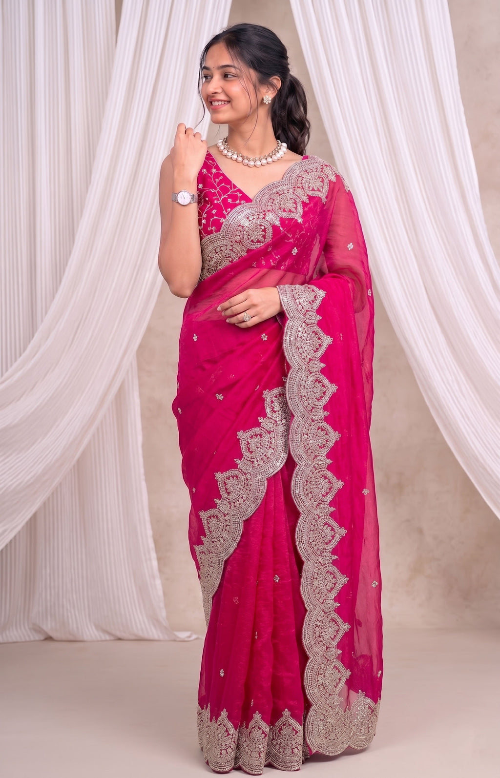 Premium Fandy Chiffon Saree with Sequins Zari Work