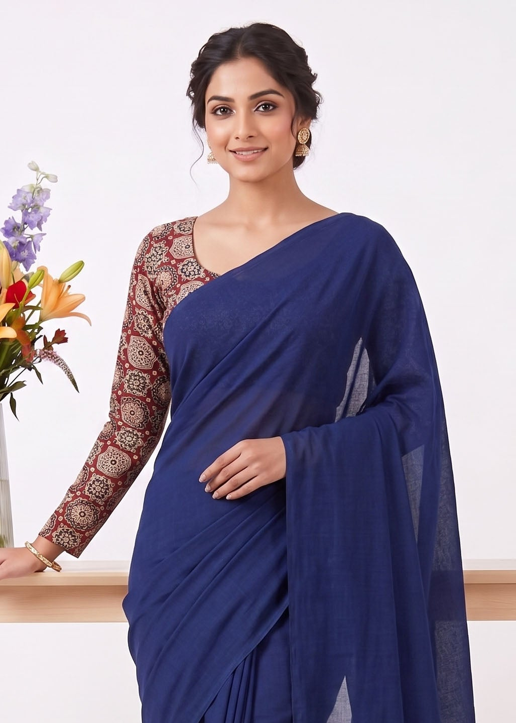 Elegant Khadi Cotton Saree with Stretchable Ajrak Print Blouse