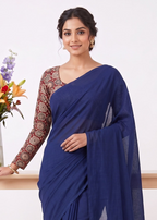 Elegant Khadi Cotton Saree with Stretchable Ajrak Print Blouse