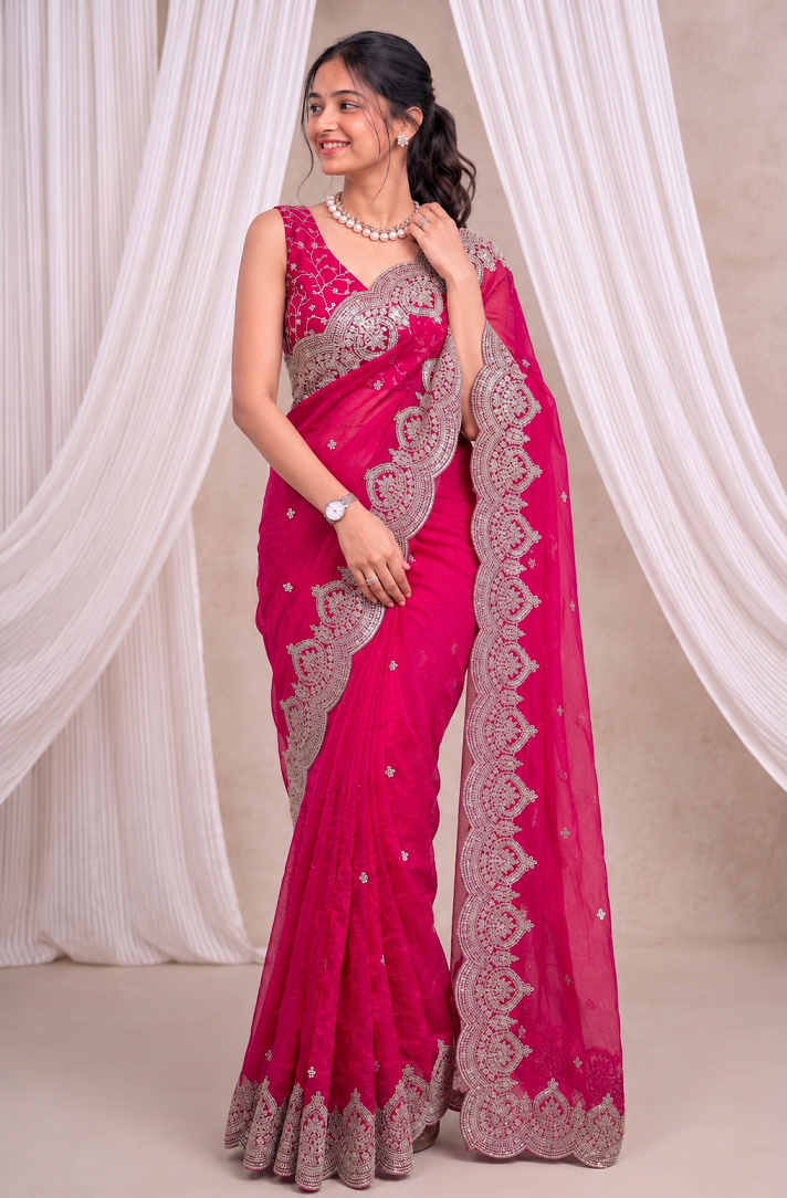Premium Fandy Chiffon Saree with Sequins Zari Work