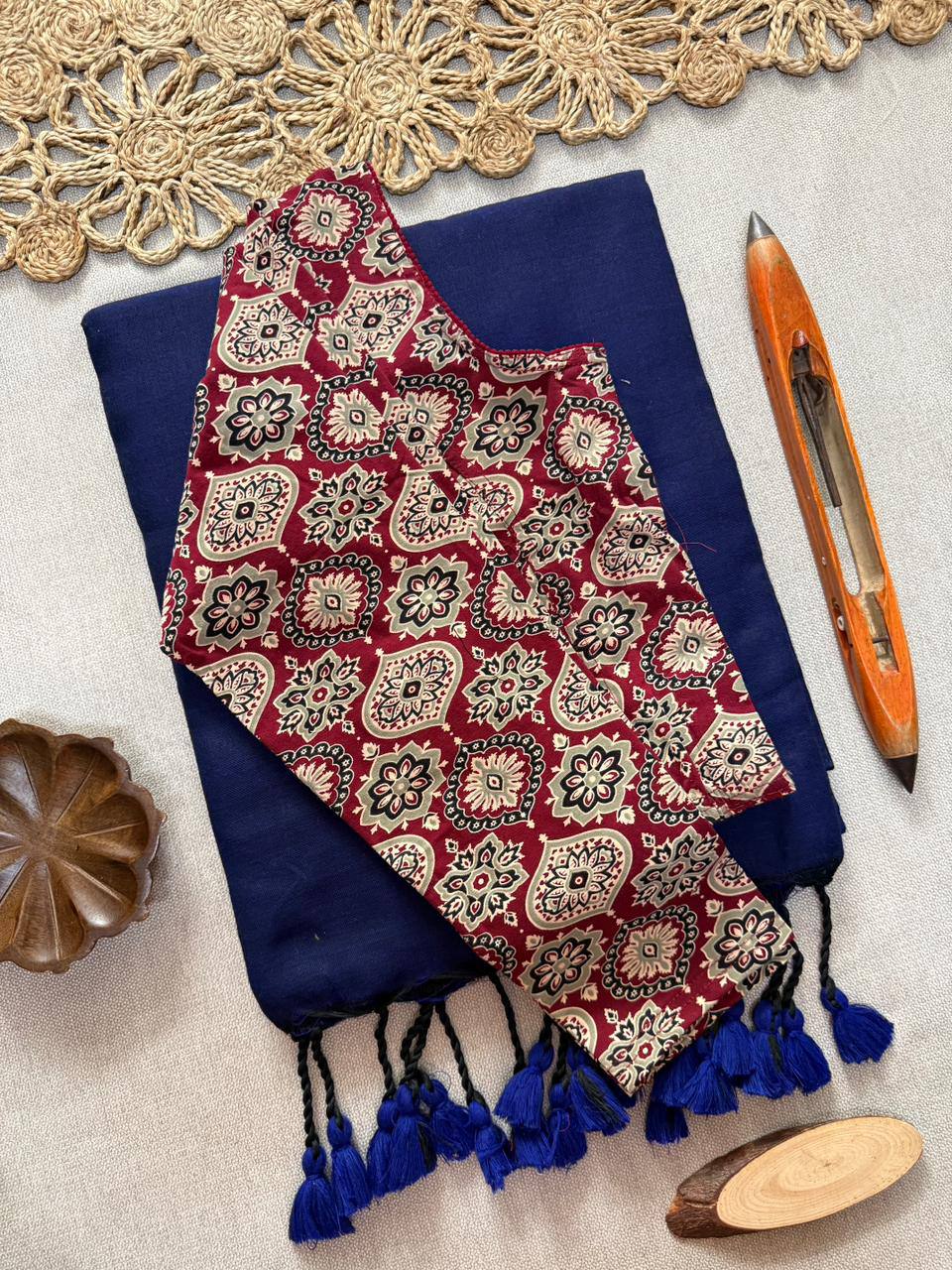 Elegant Khadi Cotton Saree with Stretchable Ajrak Print Blouse