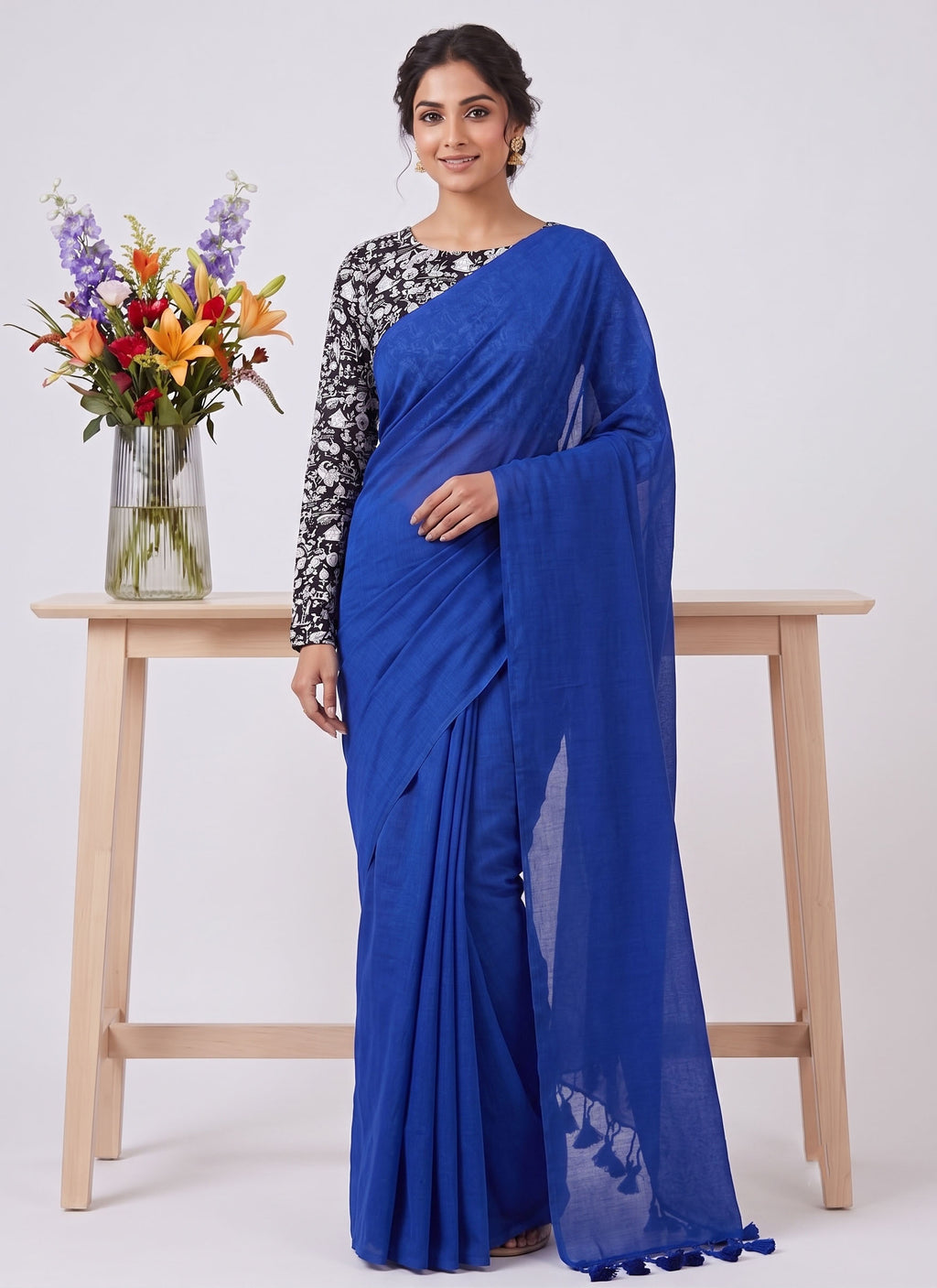 Elegant Khadi Cotton Saree with Stretchable Ajrak Print Blouse