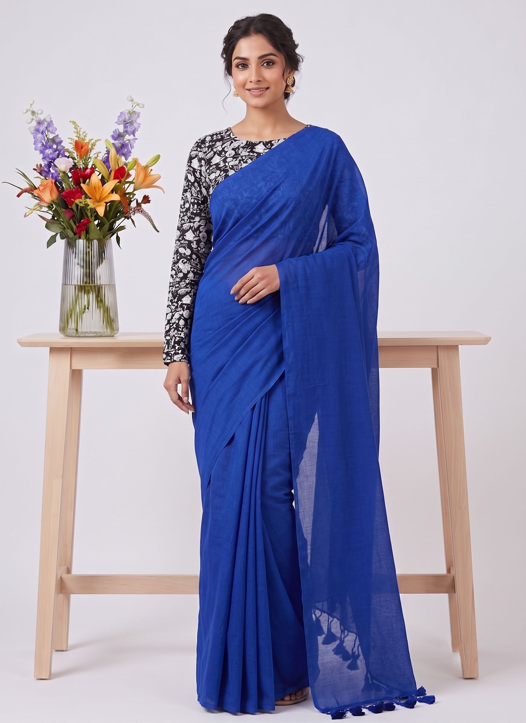 Elegant Khadi Cotton Saree with Stretchable Ajrak Print Blouse