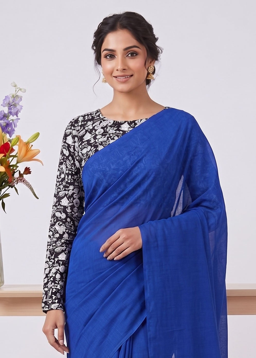 Elegant Khadi Cotton Saree with Stretchable Ajrak Print Blouse