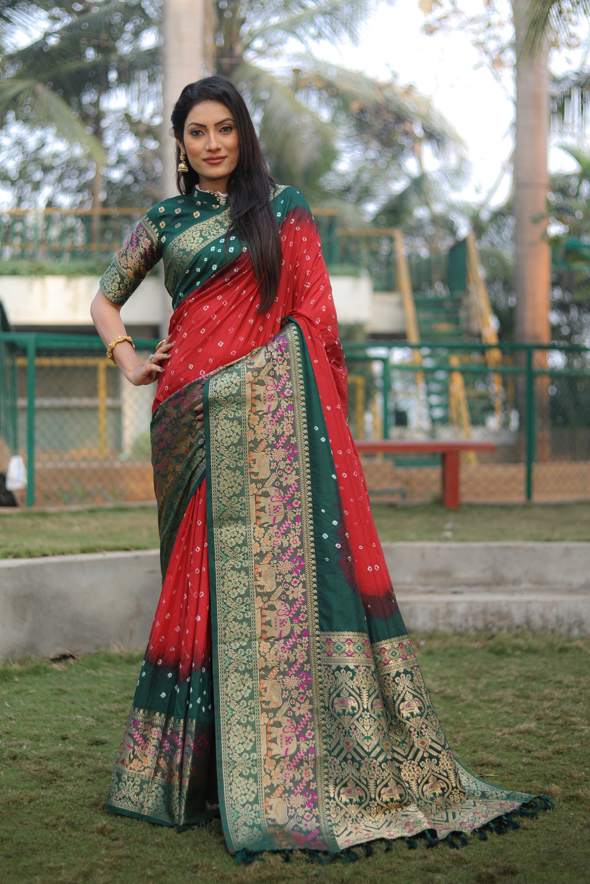 Fabulous Bandhej Kanjivaram Red & Green Color Silk Saree