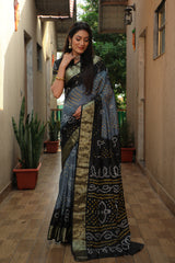 Glimmering Bandhej Grey Color Silk Sarees