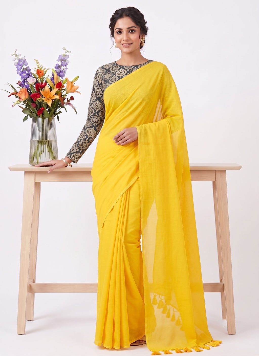 Elegant Khadi Cotton Saree with Stretchable Ajrak Print Blouse