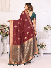 Festive Wear Soft Silk Zari Borders Maroon Color Saree