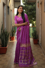 Luxuriant Bandhej Purple Color Silk Saree