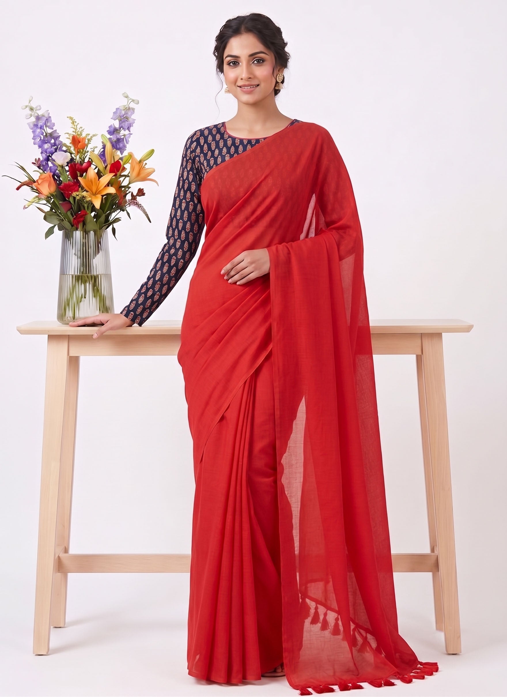 Elegant Khadi Cotton Saree with Stretchable Ajrak Print Blouse