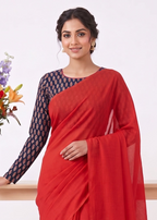 Elegant Khadi Cotton Saree with Stretchable Ajrak Print Blouse