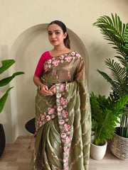 Awesome Embroidery Work Mehndi Color Saree