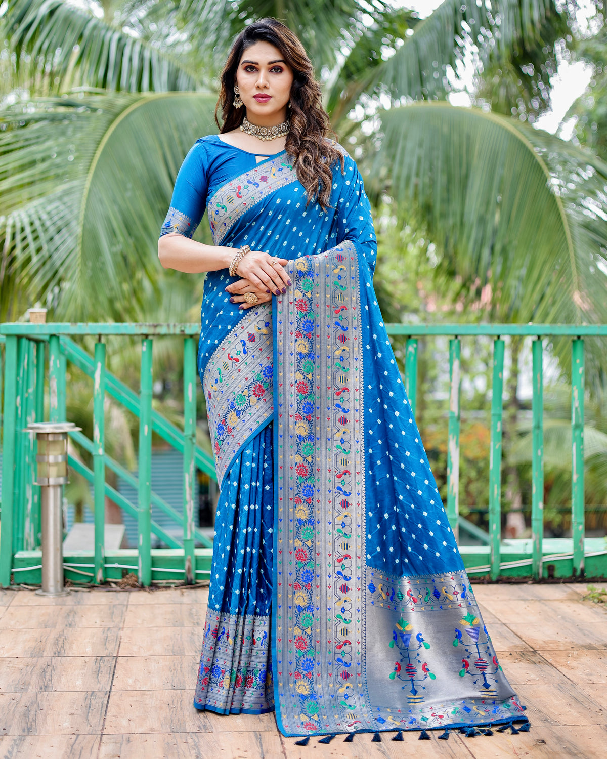 Glorious Paithani Bandhej Blue Color Silk Saree