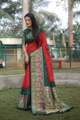 Fabulous Bandhej Kanjivaram Red & Green Color Silk Saree