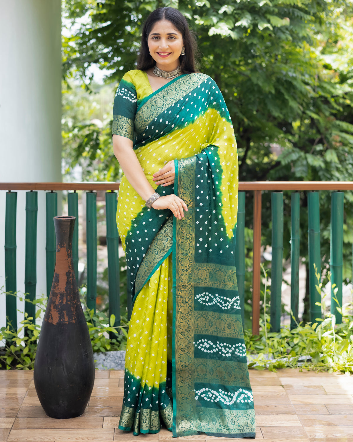 Stylish Bandhej Silk Bandhani Border yellow Color Saree