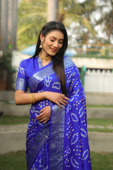 Blissful Kanjivaram Bandhej Blue Color Silk Saree