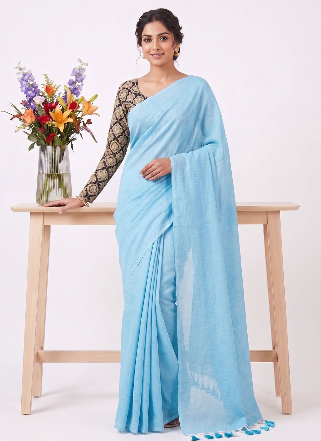 Elegant Khadi Cotton Saree with Stretchable Ajrak Print Blouse