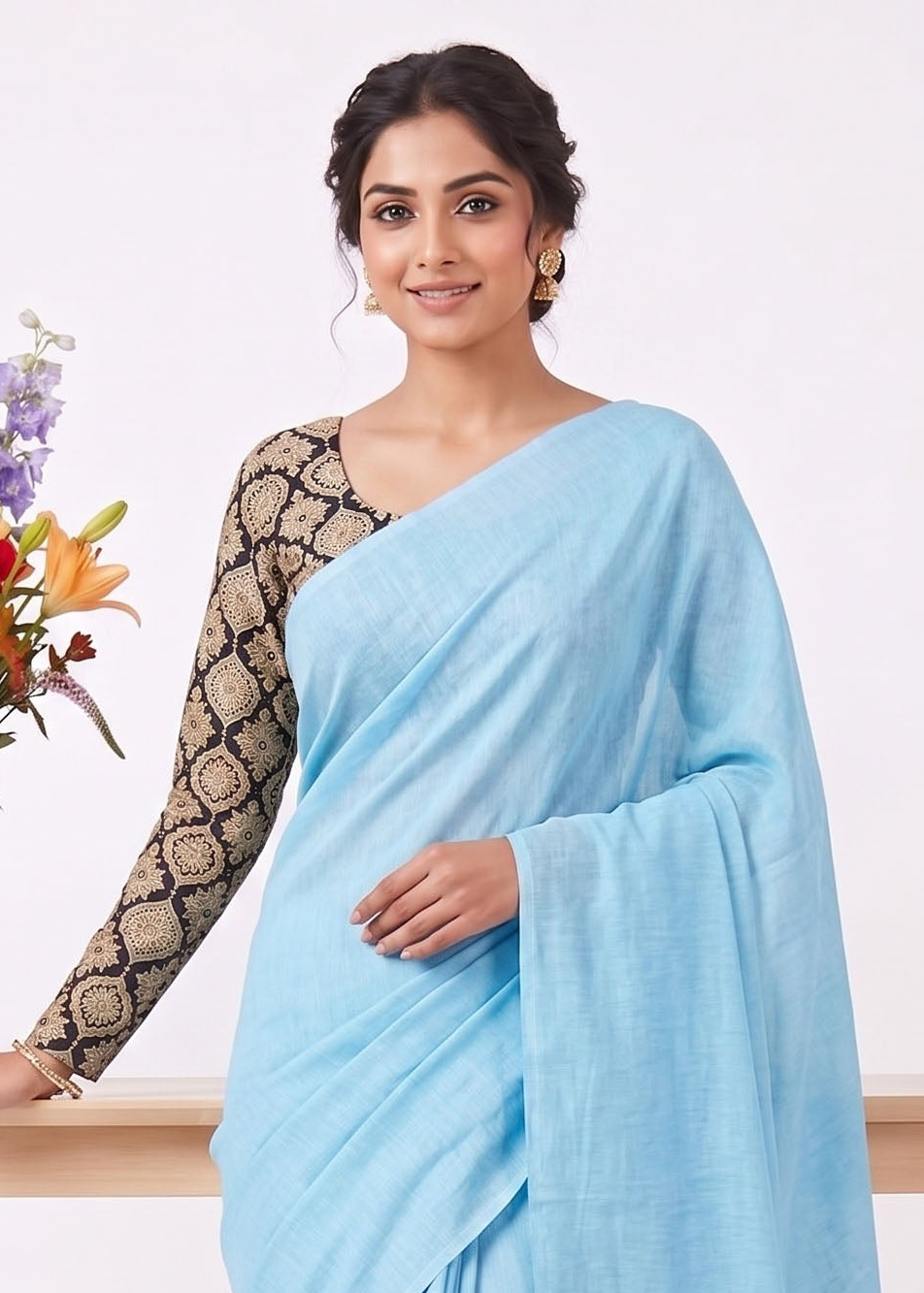 Elegant Khadi Cotton Saree with Stretchable Ajrak Print Blouse