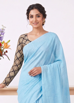 Elegant Khadi Cotton Saree with Stretchable Ajrak Print Blouse