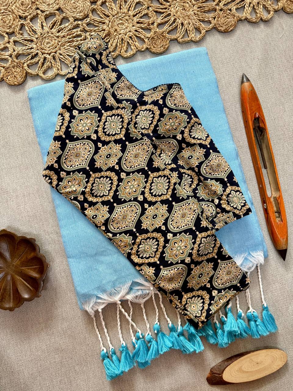 Elegant Khadi Cotton Saree with Stretchable Ajrak Print Blouse